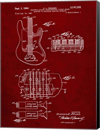 Framed Electric Guitar Patent - Burgundy Print