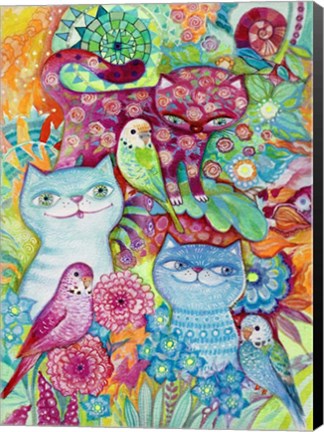 Framed 3 Cats + 3 Birds Print