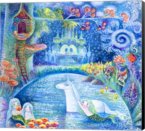 Framed Bathing Of Unicorn Print