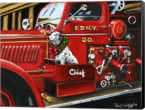 Framed Dalmation Christmas Firetruck Print