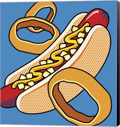 Framed Hot Dog Onion Rings On Blue Print