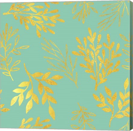 Framed Golden Leaves Pattern Aquamarine Print