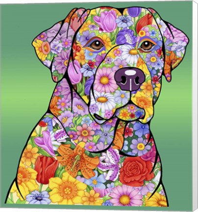 Framed Flowers Yellow Lab Print