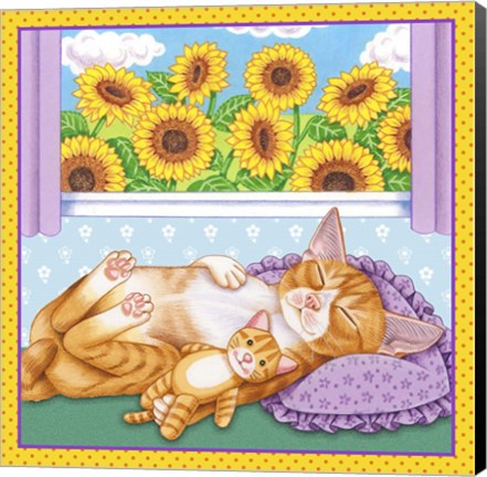 Framed Sunflowers Kitten Print