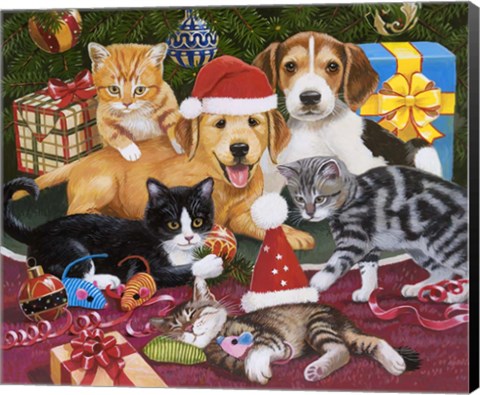 Framed Christmas Meeting - Kittens and Puppies Print