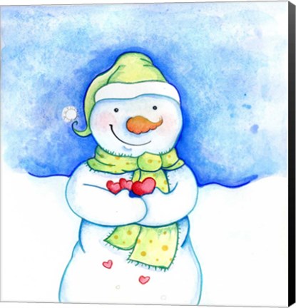 Framed Snowman Holding Hearts Print