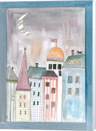 Framed Fantasy Cityscape With Cat On Roof Print