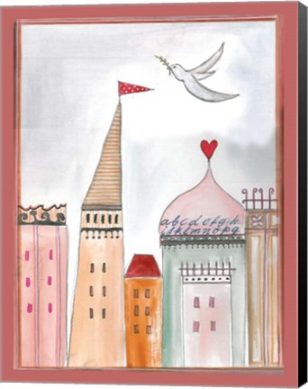 Framed Fantasy Cityscape With Dove Print