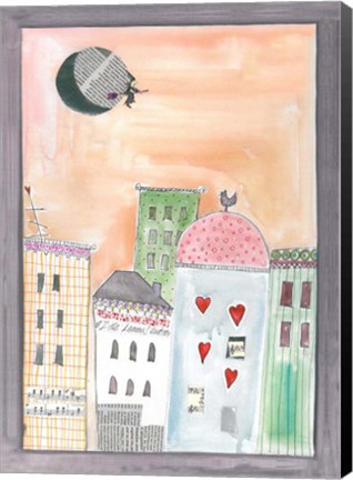 Framed Fantasy Cityscape With Flying Witch On Broom Print