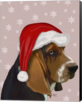 Framed Basset Hound, Christmas Hat Print