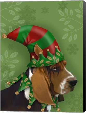 Framed Basset Hound, Elf Hat Print