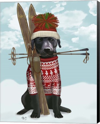 Framed Black Labrador, Skiing Print