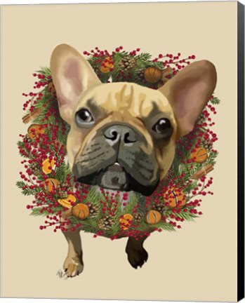 Framed French Bulldog, Cranberry Wreath Print
