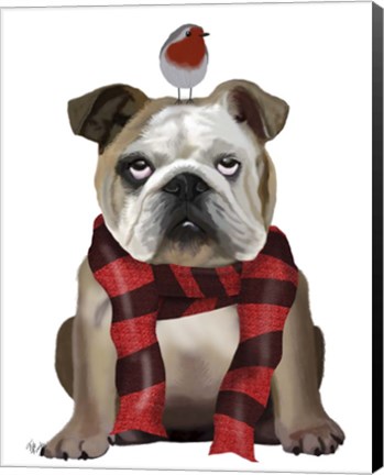 Framed English Bulldog, Scarf and Robin Print