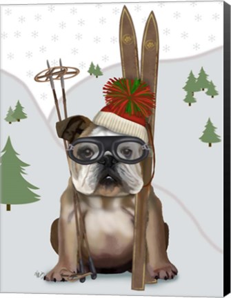 Framed English Bulldog, Skiing Print