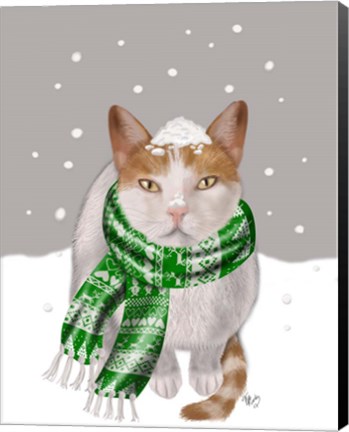 Framed White Cat, Green Scarf Print