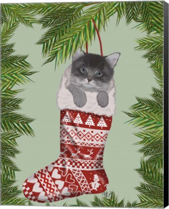 Framed Grey Kitten in Christmas Stocking Print