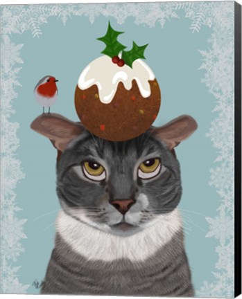 Framed Grey Cat and Christmas Pudding Print