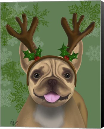 Framed French Bulldog, Antlers 1 Print