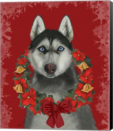 Framed Husky and Poinsettia Wreath Print