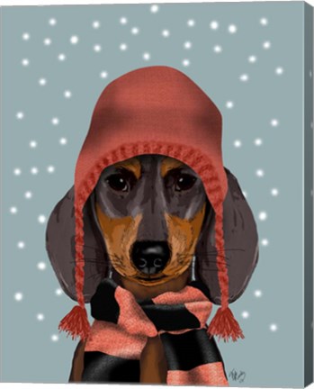 Framed Dachshund With Woolly Hat &amp; Scarf Print