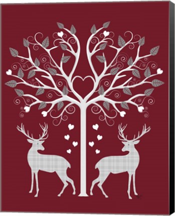 Framed Christmas Des - Deer and Heart Tree, Grey on Red Print