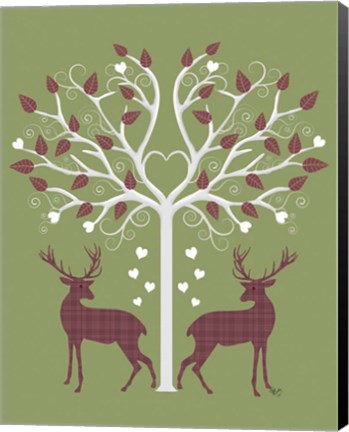 Framed Christmas Des - Deer and Heart Tree, Pink On Green Print