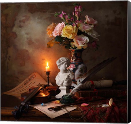 Framed Still Life With Bust And Flowers Print