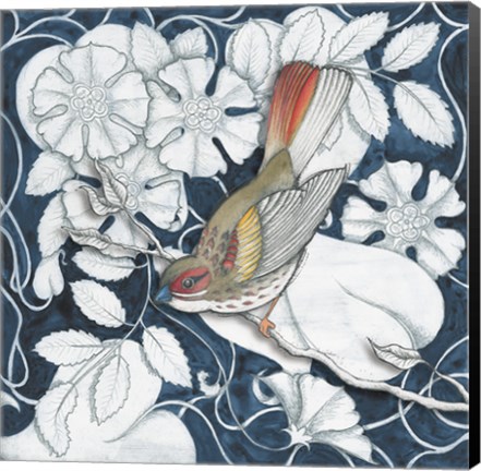 Framed Arts and Crafts Bird Indigo II Print