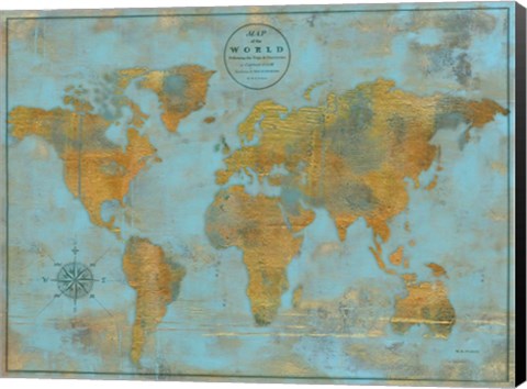 Framed Rustic World Map Sky Blue Print