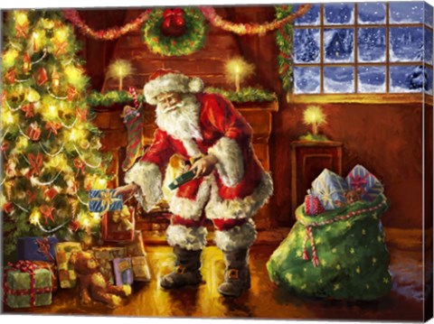 Framed Santa putting gifts under tree Print