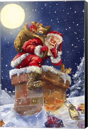 Framed Santa at Chimney with moon Print