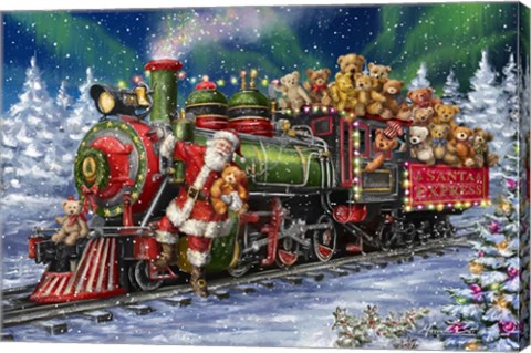 Framed Santa Green /Red Train with toy bears Print