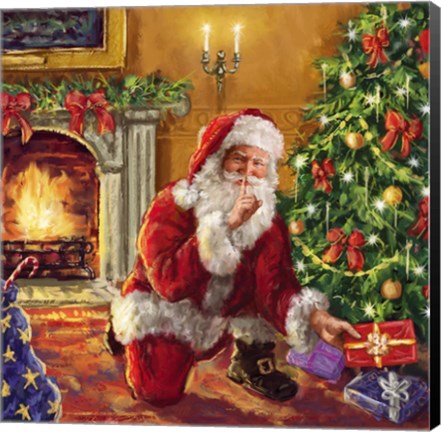 Framed Santa at tree with present Print