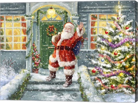 Framed Santa on Steps with green door Print