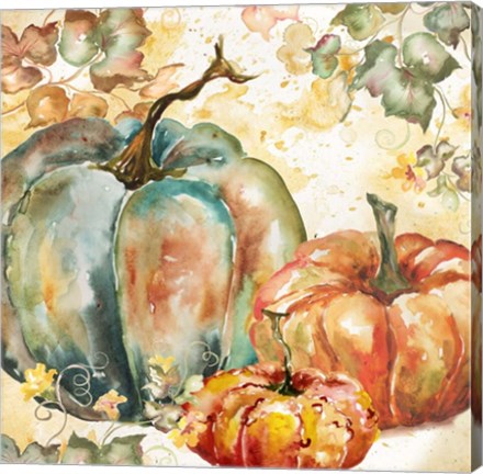 Framed Watercolor Harvest Teal and Orange Pumpkins I Print