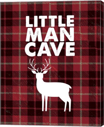 Framed Little Man Cave - Deer Red Plaid Background Print