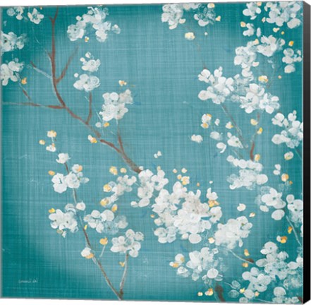 Framed White Cherry Blossoms II on Teal Aged no Bird Print