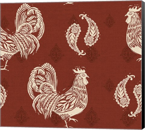 Framed Woodcut Rooster Patterns Print