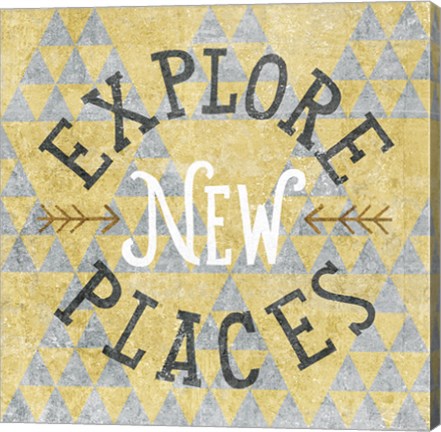 Framed Mod Triangles Explore New Places Gold Print