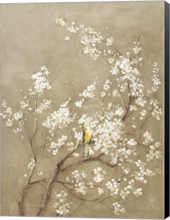 Framed White Cherry Blossom I Neutral Crop Bird Print