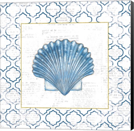 Framed Navy Scallop Shell on Newsprint with Gold Print