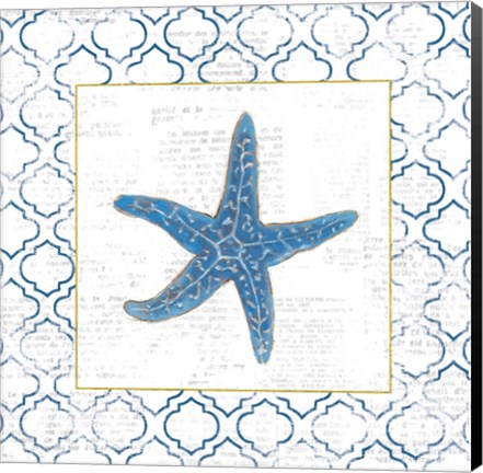 Framed Navy Starfish on Newsprint with Gold Print