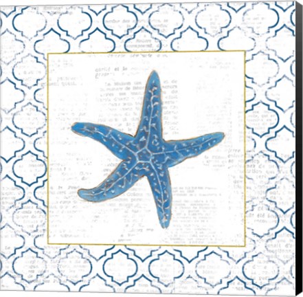 Framed Navy Starfish on Newsprint with Gold Print