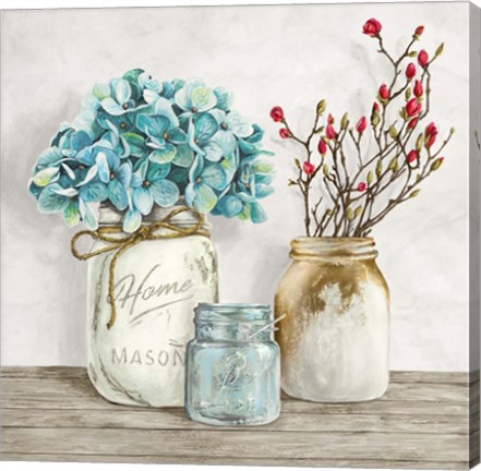 Framed Floral Composition with Mason Jars I Print