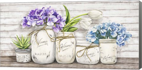 Framed Hydrangeas in Mason Jars Print