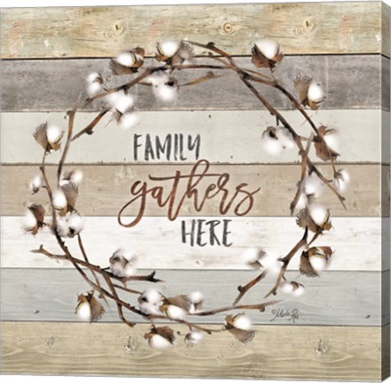 Framed Family Gathers Here Cotton Wreath Print