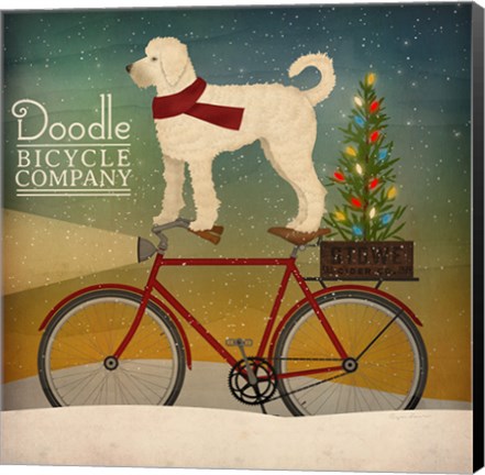 Framed White Doodle on Bike Christmas Print