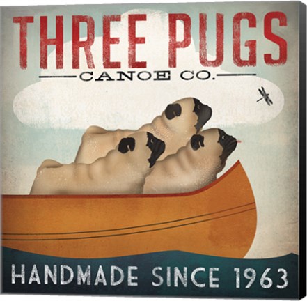 Framed Three Pugs in a Canoe Print