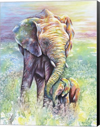 Framed Mother &amp; Baby Elephant Rainbow Colors Print